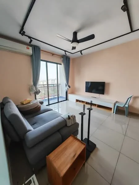 Living features: 3-seater fabric sofa in grey, ceiling fan with light, wall-mounted TV, TV console, large sliding glass door, floor-to-ceiling windows, curtains in light blue, ceramic tile flooring, light peach painted walls, wooden coffee table, 2 metal stands; style: modern; view: city.