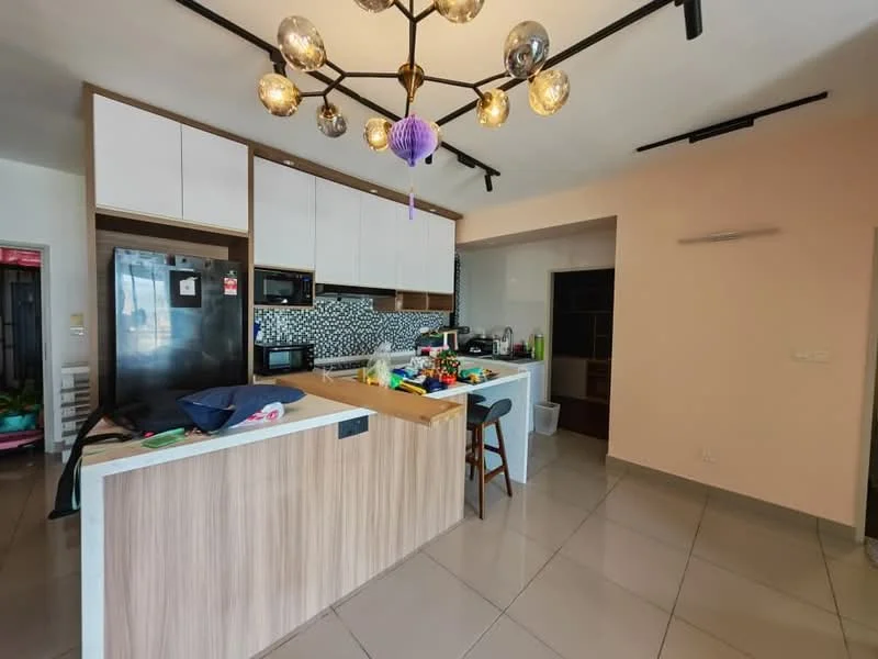 Kitchen features: L-shaped kitchen island with bar seating, white upper cabinets, wooden lower cabinets, black and white mosaic tile backsplash, stainless-steel microwave, stainless-steel oven, stainless-steel fridge, ceramic tile flooring, recessed downlights, modern pendant lighting, open shelving, kitchen utensils and appliances visible on countertop, sink with faucet; style: modern.