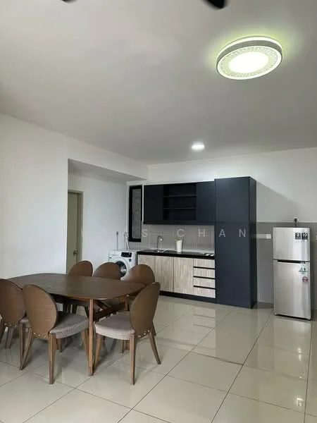 Dining features: 6-seater dining table, upholstered dining chairs, white painted walls, glossy tile flooring, built-in cabinetry with black finish, light wood cabinetry, stainless-steel fridge, washing machine, recessed ceiling lights, ceiling light fixture; style: modern.