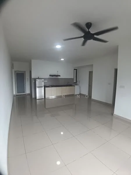 Living features: white painted walls, glossy ceramic tile flooring, 5-blade ceiling fan, recessed LED downlights, kitchen island with bar seating, stainless-steel fridge, open layout, large windows, neutral color scheme; style: modern.