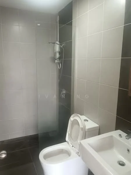 Bathroom features: white tiled walls, dark tiled flooring, walk-in shower with glass enclosure, handheld shower head, toilet, single-sink vanity, chrome basin mixer, mirror above sink, towel rack; style: modern.