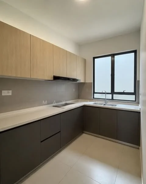 Kitchen features: light wood cabinetry, dark grey lower cabinets, white countertop, double-bowl stainless-steel sink, chrome pull-down faucet, tile backsplash, built-in oven, cooktop with hood, window above sink, recessed lighting, neutral tile flooring; style: modern.