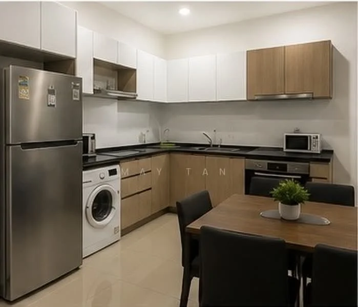 Kitchen features: stainless-steel fridge, built-in oven, microwave, single-bowl stainless-steel sink, chrome pull-down faucet, black granite countertop, white upper cabinets, wood lower cabinets, washing machine, 4-seater dining table, black upholstered dining chairs, tile flooring, recessed downlights; style: modern.