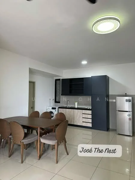Dining features: 6-seater dining table, wooden dining chairs, white walls, recessed ceiling lights, grey cabinetry, black countertop, stainless-steel fridge, built-in washing machine, open shelving, floor tiles, kitchen area with cabinets; style: modern.
