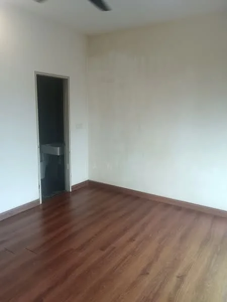 Room features: light wood laminate flooring, plain white walls, doorway leading to another room, ceiling fan, no visible furniture or decor; style: minimalist.