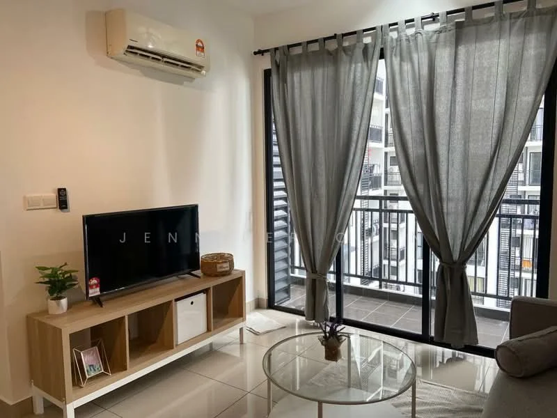 Living features: wall-mounted TV, wooden TV console, grey fabric sofa, coffee table, floor-to-ceiling windows, sliding glass door, sheer curtains, air conditioning unit, decorative plant, area rug; style: modern; view: city.