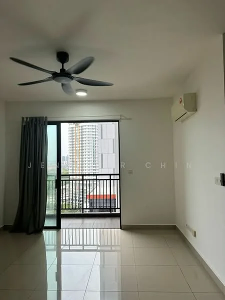 Living features: 5-blade ceiling fan with light, sliding glass door, floor-to-ceiling windows, grey ceramic tile flooring, white painted walls, curtains, wall-mounted split AC, balcony view; style: modern; view: city.