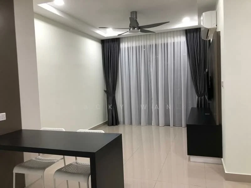 Living features: light grey walls, white ceiling, 5-blade ceiling fan with light, floor-to-ceiling windows, sheer curtains, black TV console, wall-mounted TV, glossy tile flooring, dining table with 2 white chairs, air conditioning unit; style: modern.