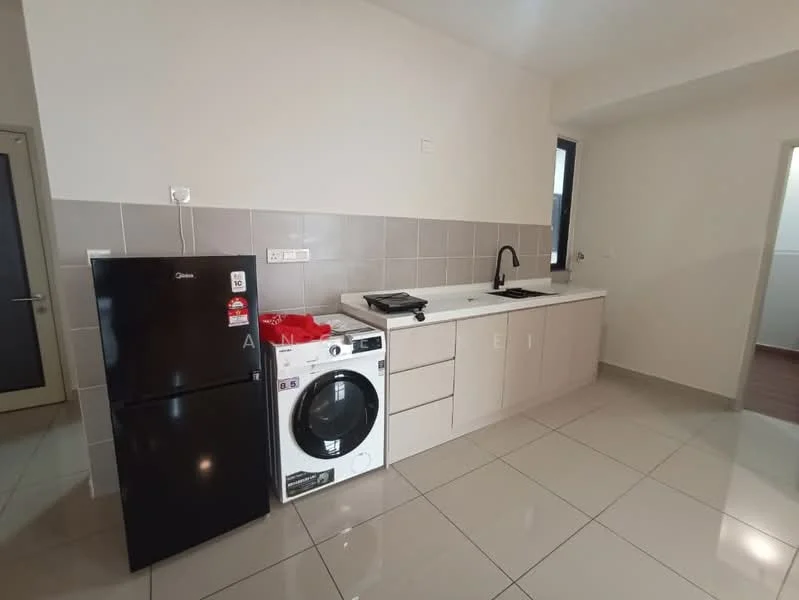 Kitchen features: white cabinetry, black countertop, single-bowl stainless-steel sink, chrome pull-down faucet, built-in washing machine, freestanding black fridge, ceramic tile flooring, grey tiled backsplash, recessed downlights, window for natural light; style: modern.