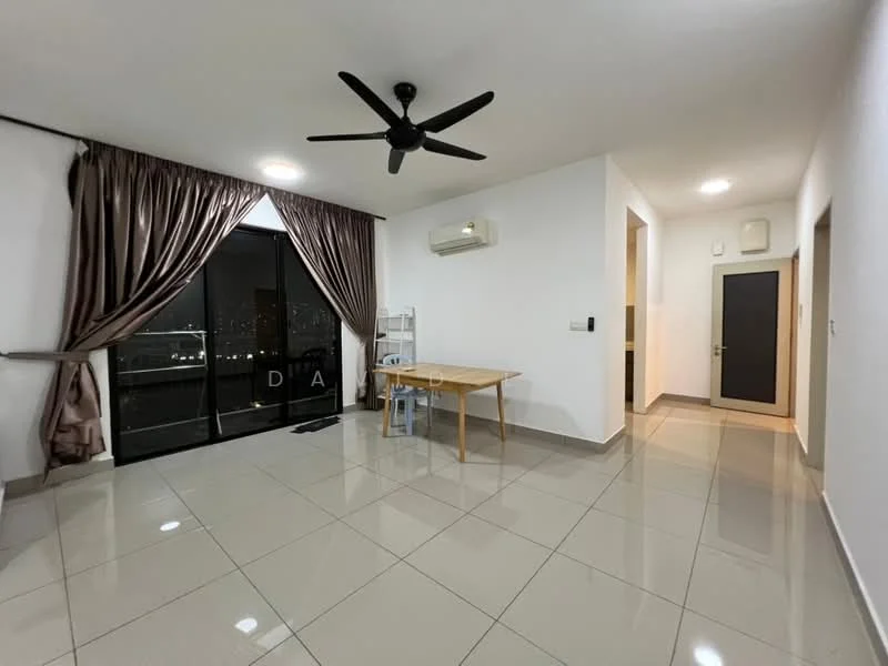 Living features: white painted walls, glossy ceramic tile flooring, 5-blade ceiling fan, floor-to-ceiling windows, sheer curtains, dining table, wall-mounted split AC, city view; style: modern; view: city.
