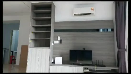 Living features: wall-mounted TV, TV console with storage, built-in shelving unit, grey laminate cabinetry, recessed lighting, 1 wall-mounted split AC, floor-to-ceiling curtains, neutral wall color, open layout, decorative mirror; style: modern.