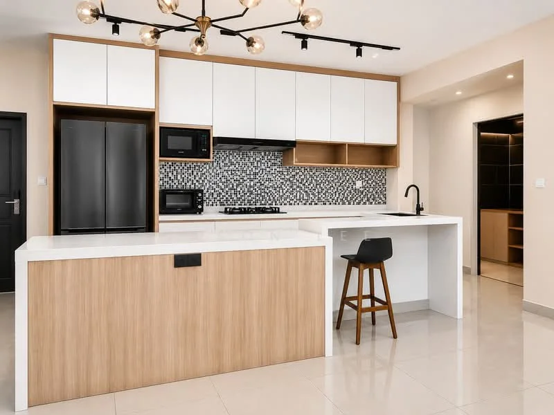 Kitchen features: white quartz countertop, wooden cabinetry, black refrigerator, built-in microwave, stainless-steel gas hob, black sink, chrome pull-down faucet, mosaic tile backsplash, pendant lighting, bar stool, open shelving, ceramic tile flooring, recessed downlights; style: modern.