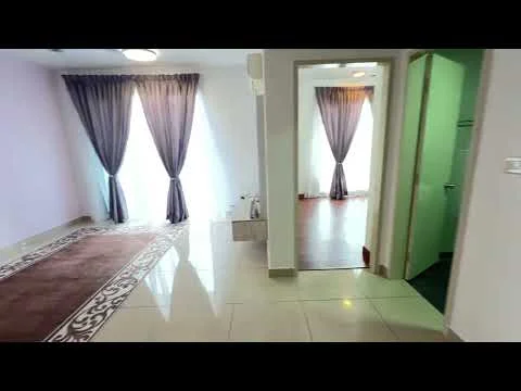 Room features: cream painted walls, grey curtains, floor-to-ceiling windows, tile flooring, recessed ceiling lights, area rug with decorative pattern, doorway leading to another room, visible closet space; style: modern.