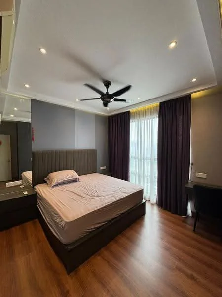 Bedroom features: king-size bed, upholstered headboard, 2 bedside tables, floor-to-ceiling windows, sheer curtains, dark purple curtains, 5-blade ceiling fan, wooden flooring, wall-mounted mirror, study desk, chair; style: modern; view: city.