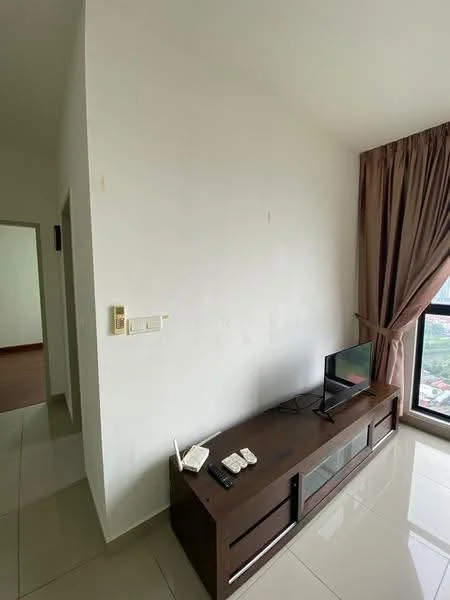 Living features: white painted walls, glossy tile flooring, floor-to-ceiling window, curtains, wooden TV console, small flat-screen TV, remote control, decorative items on console; style: modern; view: city.