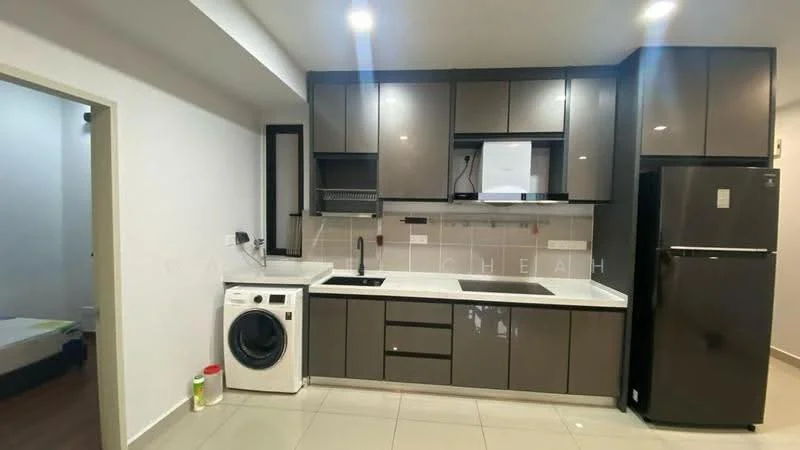 Kitchen features: grey flat-panel cabinets, white quartz countertop, single-bowl stainless-steel sink, chrome pull-down faucet, built-in stove, built-in oven, stainless-steel refrigerator, front-load washing machine, tile flooring, recessed downlights, open shelving, wall-mounted microwave; style: modern.