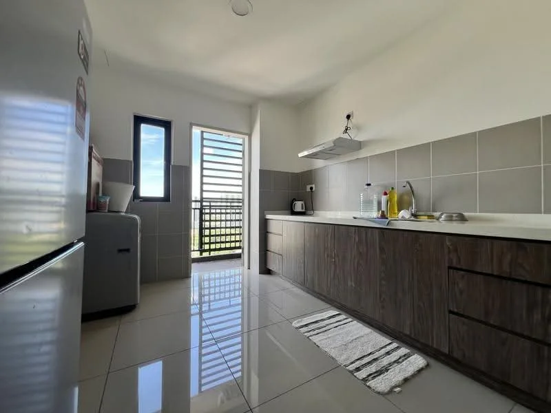 Kitchen features: grey tiled walls, white painted walls, laminate cabinetry in wood finish, stainless-steel sink, chrome pull-down faucet, built-in oven, freestanding refrigerator, countertop with space for appliances, window with horizontal slats, tile flooring, kitchen rug, microwave, kettle; style: modern; view: city.