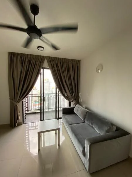 Living features: 3-seater fabric sofa in grey, white coffee table, floor-to-ceiling windows, sliding glass door, sheer curtains, recessed downlights, ceiling fan, glossy tile flooring, neutral painted walls; style: modern; view: city.