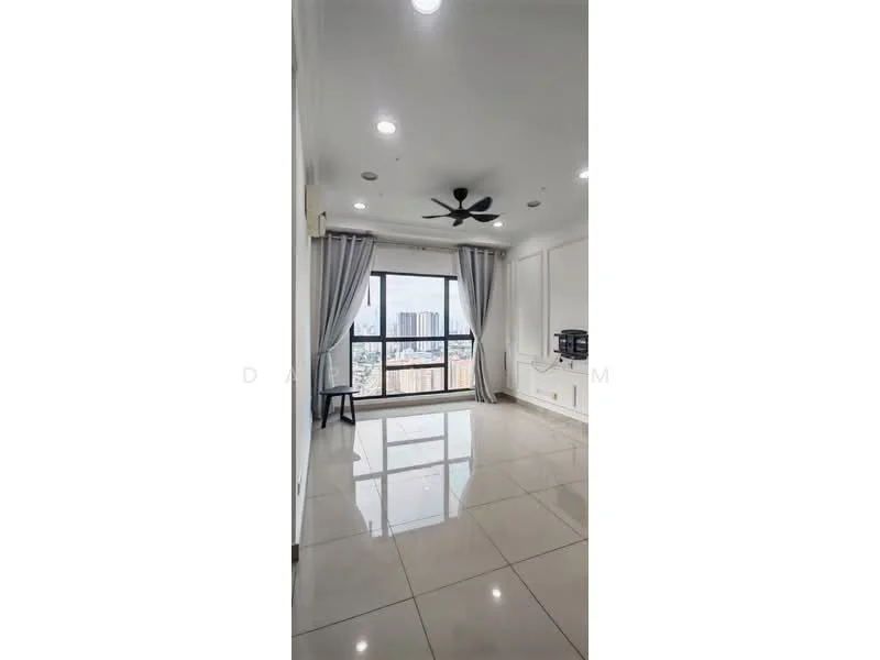Living features: large floor-to-ceiling windows, grey sheer curtains, white walls, recessed downlights, 5-blade ceiling fan, polished ceramic tile flooring, TV console, city skyline view; style: modern; view: city.
