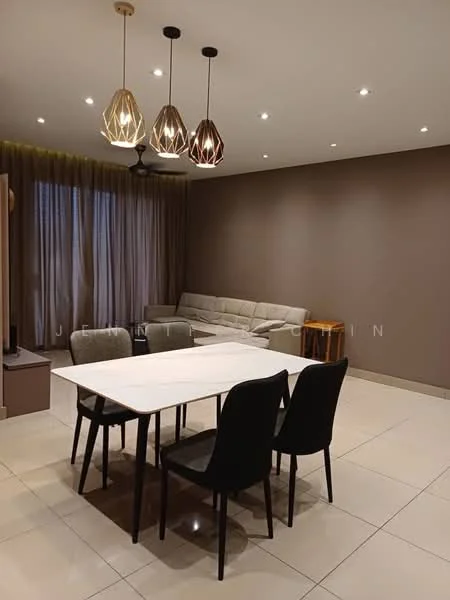 Dining features: white rectangular dining table, 4 black dining chairs, cream tiled flooring, brown accent wall, floor-to-ceiling windows with sheer curtains, 3 pendant lights in varying designs, light grey sectional sofa, wooden side table, recessed downlights; style: modern.