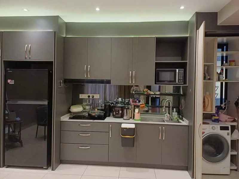 Kitchen features: grey cabinetry, white countertop, stainless-steel sink, chrome pull-down faucet, built-in microwave, freestanding range oven, stainless-steel side-by-side fridge, washing machine, tile flooring, recessed downlights, open shelving, kitchen utensils and appliances visible; style: modern.