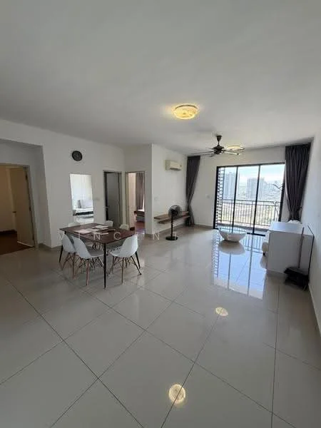 Living features: white painted walls, glossy ceramic tile flooring, 5-blade ceiling fan with light, floor-to-ceiling sliding glass door, curtains, dining table with 4 chairs, mirror on wall, air conditioning unit, decorative wall clock, standing fan; style: modern; view: city. Room features: white painted walls, doorway leading to other rooms.