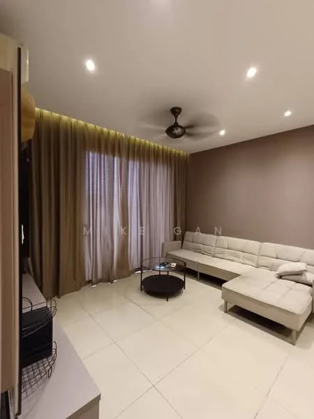Living features: cream leather sectional sofa, round coffee table, floor-to-ceiling windows, sheer curtains, recessed LED downlights, 5-blade ceiling fan with light, light brown accent wall, white tiled flooring; style: modern.
