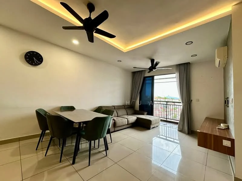 Living features: 3-seater fabric sofa in grey, 4-seater dining table, black dining chairs, ceiling fan with 3 blades, recessed LED downlights, wall-mounted air conditioning unit, floor-to-ceiling window, curtains, light-colored wall, tile flooring, wooden TV console, clock on wall; style: modern; view: city.