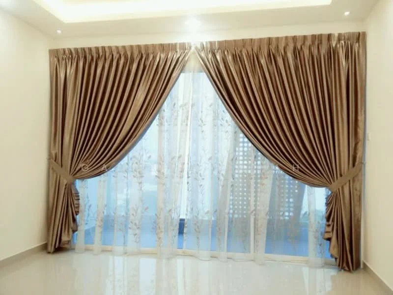 Room features: floor-to-ceiling windows, sheer curtains, heavy drapes with pleats, glossy tile flooring, recessed ceiling lights, neutral wall colour, decorative ceiling design; style: modern.