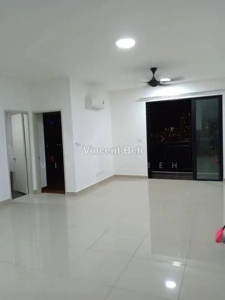 Living features: white painted walls, glossy ceramic tile flooring, 5-blade ceiling fan with light, wall-mounted split AC, floor-to-ceiling sliding glass door, blackout curtains, city skyline view; style: modern; view: city. Room features: white painted walls, glossy ceramic tile flooring, doorway leading to another room.