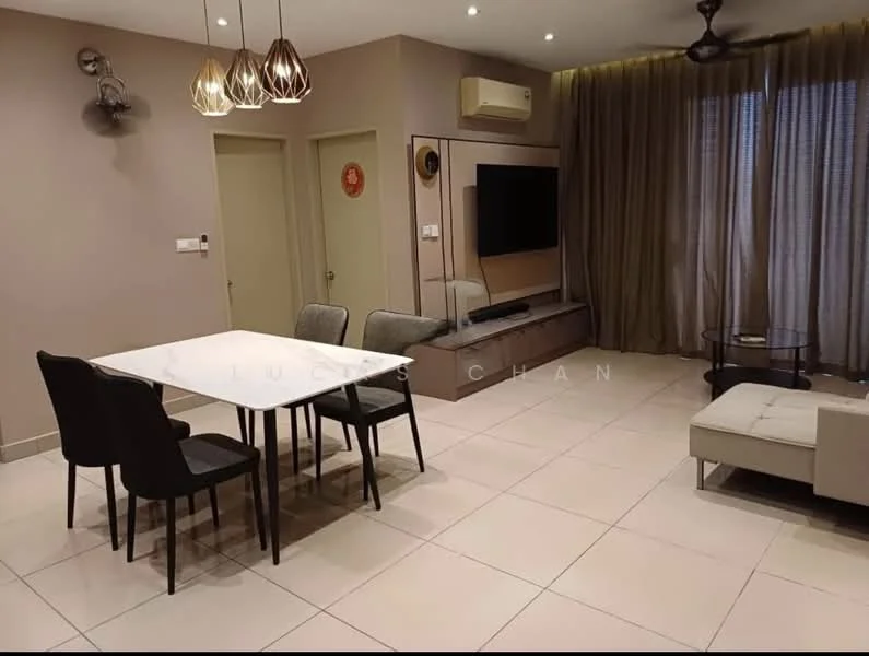 Living features: rectangular dining table with white top, 4 black dining chairs, light grey sectional sofa, black coffee table, wall-mounted TV, wooden TV console, 2 decorative pendant lights, ceiling fan, cream painted walls, large window with sheer curtains, tile flooring, air conditioning unit; style: modern.