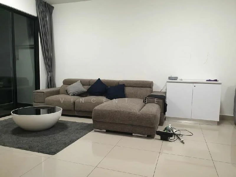 Living features: L-shape sectional sofa in beige, black and blue decorative cushions, round coffee table in white, area rug in grey, floor-to-ceiling windows, curtains in grey, white console cabinet, wall-mounted TV console, ceramic tile flooring, neutral painted walls; style: modern.
