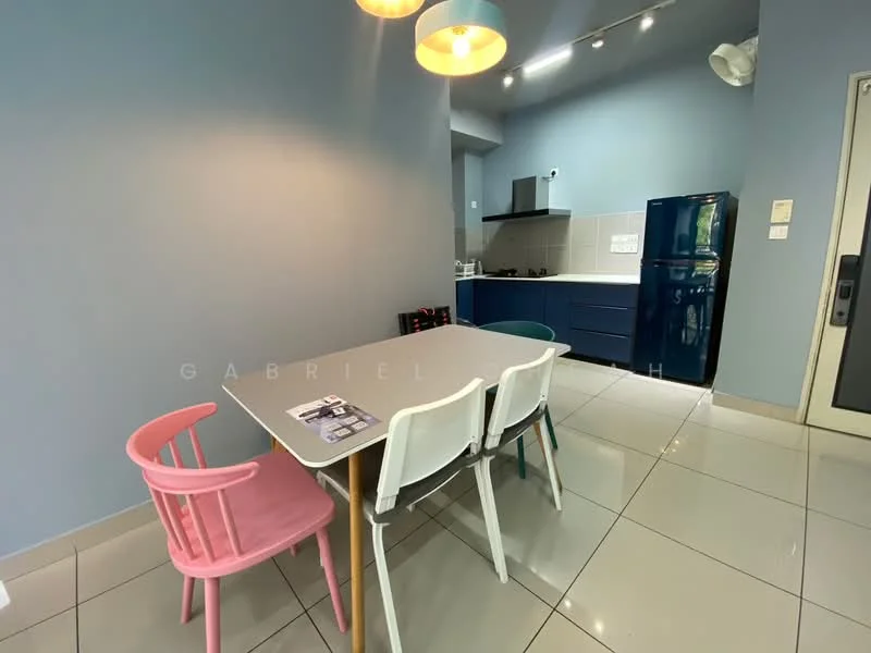 Kitchen features: blue painted walls, grey cabinetry, white countertop, stainless-steel fridge, built-in oven, 4-burner gas hob, ceramic tile flooring, pendant lighting, dining table with four chairs, open shelving, exhaust hood, wall-mounted cabinets; style: modern.