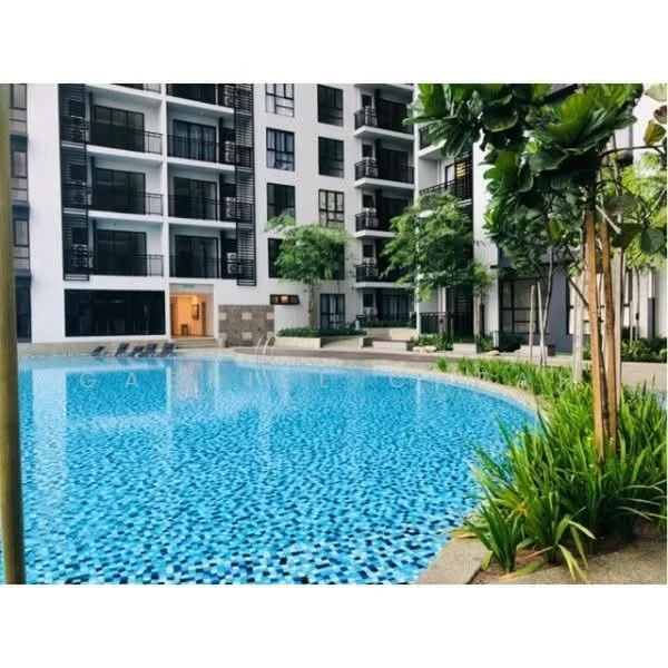 Exterior type: mid-rise condominium; features: swimming pool with mosaic tiles, surrounding landscaped garden, manicured lawn, palm trees, outdoor seating area, balconies on upper floors, glass sliding doors, modern architecture; style: contemporary.