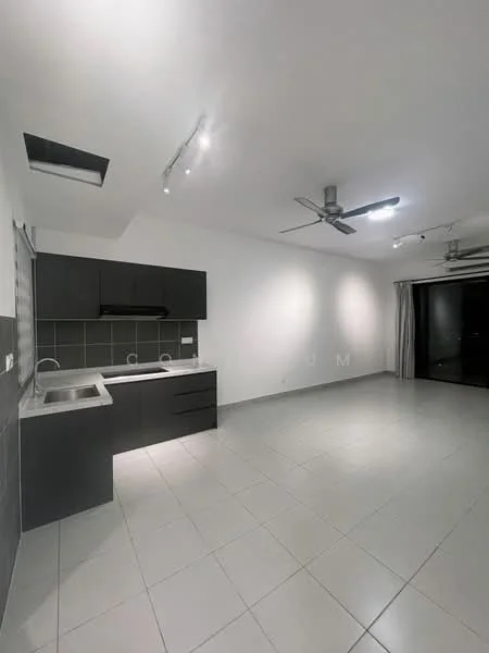 Kitchen features: black cabinetry, stainless-steel sink, chrome pull-down faucet, grey tiled backsplash, ceramic tile flooring, recessed downlights, 5-blade ceiling fan, open layout to living area, sliding glass door, curtains, wall-mounted range hood; style: modern. Living features: ceramic tile flooring, recessed downlights, 5-blade ceiling fan, sliding glass door, curtains; style: modern.