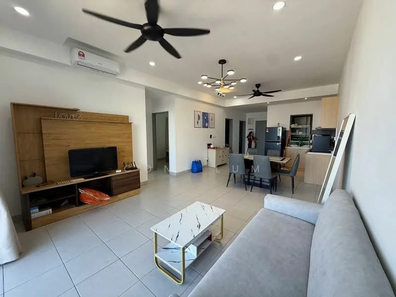 Living features: grey fabric sofa, coffee table with marble top, wall-mounted TV, wooden TV console, ceiling fan with light, recessed downlights, open layout, tile flooring, air conditioning unit, decorative wall art; style: modern. Kitchen features: kitchen island, stainless-steel fridge, built-in oven, freestanding range oven, wood cabinetry, countertop with backsplash, open shelving; style: modern.