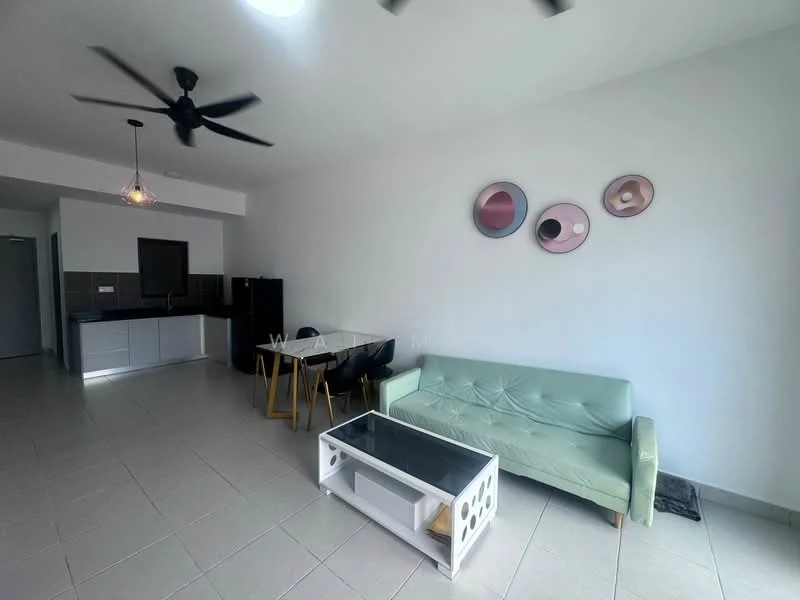 Living features: 3-seater fabric sofa in green, glass coffee table, ceiling fan with light, wall-mounted artwork, tile flooring, white painted walls, recessed lighting, dining table with chairs, open kitchen area visible; style: modern.