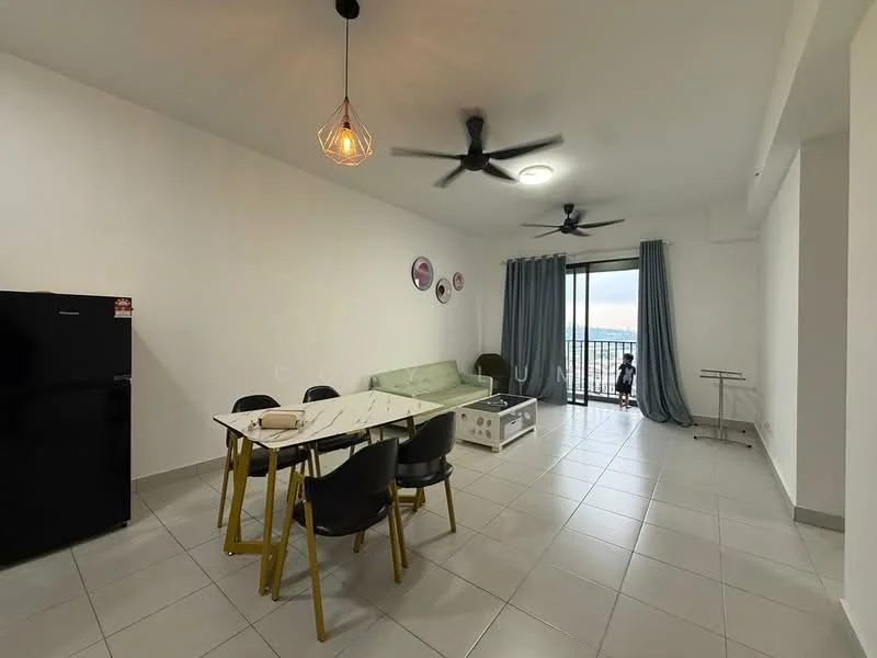 Living features: grey tiled flooring, white painted walls, 5-blade ceiling fan with light, recessed ceiling lights, glass coffee table, 6-seater dining table with black chairs, black refrigerator, floor-to-ceiling windows, curtains in light blue, balcony access, decorative wall art; style: modern; view: city.