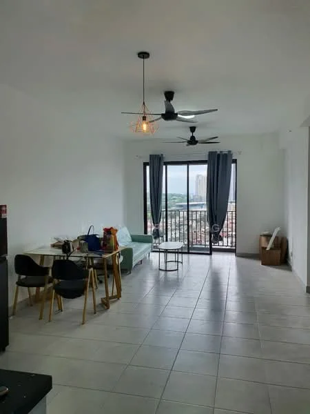 Living features: white painted walls, grey tiled flooring, 5-blade ceiling fan with light, floor-to-ceiling windows, sliding glass door, curtains, sofa in light green, round coffee table, 4-seater dining table with black chairs, refrigerator, decorative items on table; style: modern; view: city.