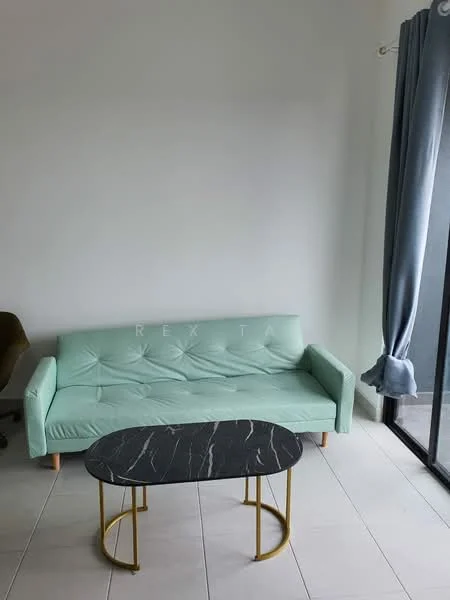 Living features: mint green fabric sofa, marble-top coffee table, white painted walls, light grey floor tiles, floor-to-ceiling sliding glass door, curtains in light grey, decorative wall art, area rug; style: modern.