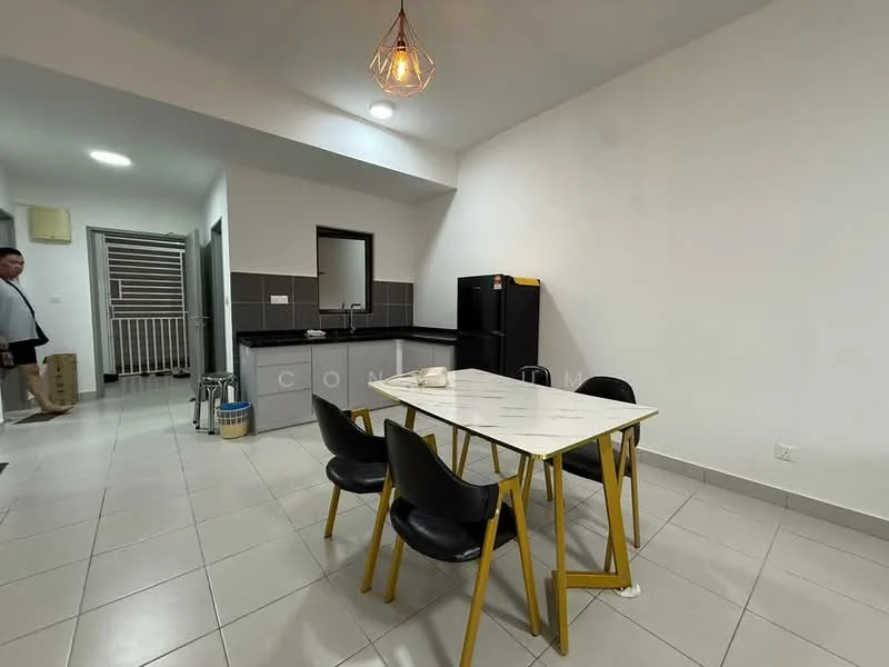 Dining features: white walls, grey tiled flooring, 4-seater dining table with white top and yellow legs, black dining chairs, pendant light fixture, open layout to kitchen, refrigerator, kitchen countertop, wall-mounted cabinets; style: modern. Kitchen features: black cabinetry, grey countertop, sink, stainless-steel refrigerator, kitchen appliances, wall-mounted cabinets; style: modern.