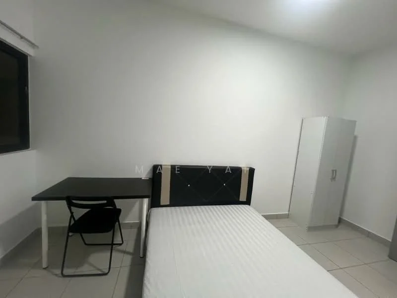 Bedroom features: single bed with white bedding, black upholstered headboard, white walls, tile flooring, window with sheer curtains, black study desk, black chair, white wardrobe, light ceiling, minimalist decor; style: modern.