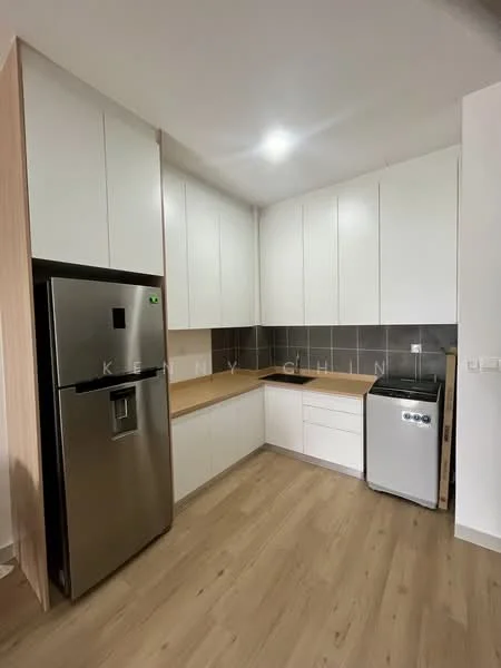 Kitchen features: white cabinetry, wooden countertop, grey tile backsplash, stainless-steel fridge, built-in oven, stainless-steel sink, chrome pull-down faucet, laminate flooring, recessed downlights; style: modern.