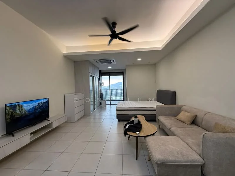 Living features: grey fabric sofa, round coffee table, wall-mounted TV, white TV console, tile flooring, ceiling fan with light, recessed lighting, floor-to-ceiling windows, mountain view, air conditioning unit, queen-size bed frame, white dresser; style: modern; view: mountain.