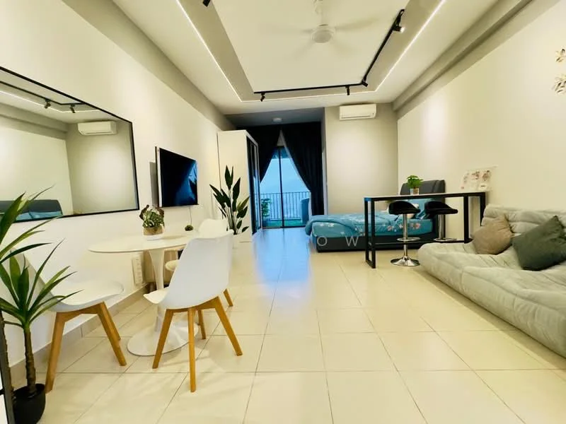 Living features: light grey fabric sofa, white round coffee table, 4-seater dining table, white dining chairs, floor-to-ceiling windows, sliding glass door, white painted walls, recessed LED downlights, ceiling fan, tile flooring, decorative plants, black framed mirror; style: modern; view: city. Room features: bed with blue bedding, black curtains.