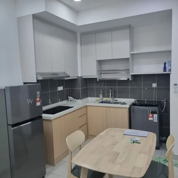 Kitchen features: grey wall tiles, white upper cabinets, wood lower cabinets, single-bowl stainless-steel sink, chrome pull-down faucet, black countertop, built-in dish rack, stainless-steel fridge, microwave, dining table with wooden legs, 4 wooden chairs; style: modern.