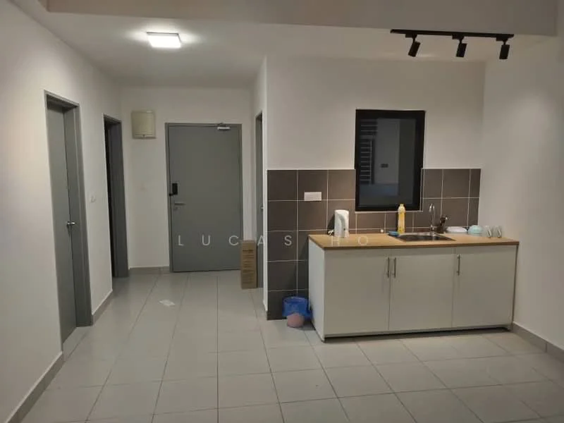 Kitchen features: white cabinetry, grey tiled backsplash, single-bowl stainless-steel sink, chrome pull-down faucet, countertop with storage, kitchen appliances visible, tile flooring, recessed ceiling lights; style: modern. Hallway features: white painted walls, tile flooring, doorways leading to other rooms, ceiling light fixture.