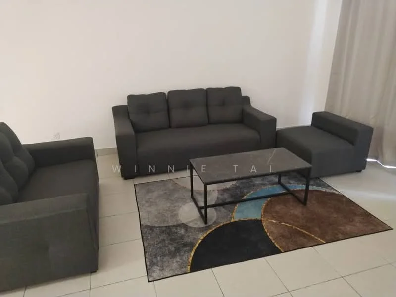 Living features: 3-seater fabric sofa in grey, 2-seater fabric sofa in grey, coffee table with black metal frame, area rug with geometric pattern, white painted walls, tile flooring, floor-to-ceiling window treatments with sheer curtains; style: modern.