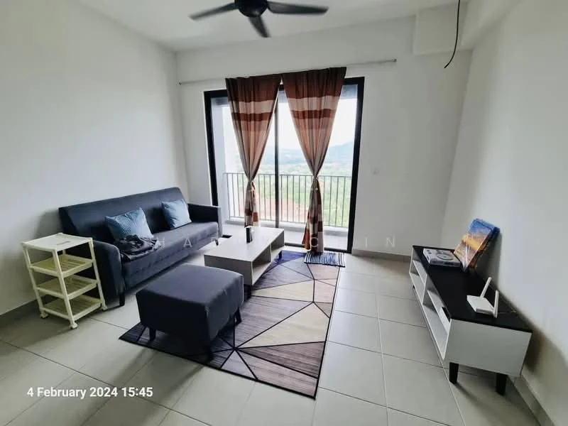 Living features: 3-seater fabric sofa in dark grey, 1-seater fabric chair in dark grey, coffee table in white with wooden legs, area rug with geometric pattern, wall-mounted TV console in white, TV, floor-to-ceiling windows, sheer curtains in brown and white, ceiling fan with light, light grey tiled flooring, decorative wall art, mountain view from window; style: modern; view: mountain.