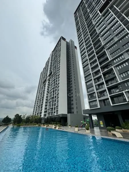 Exterior type: high-rise condominium; features: glass curtain wall, grey painted facade, infinity pool, pool deck with loungers, landscaped garden, surrounded by greenery; style: modern.